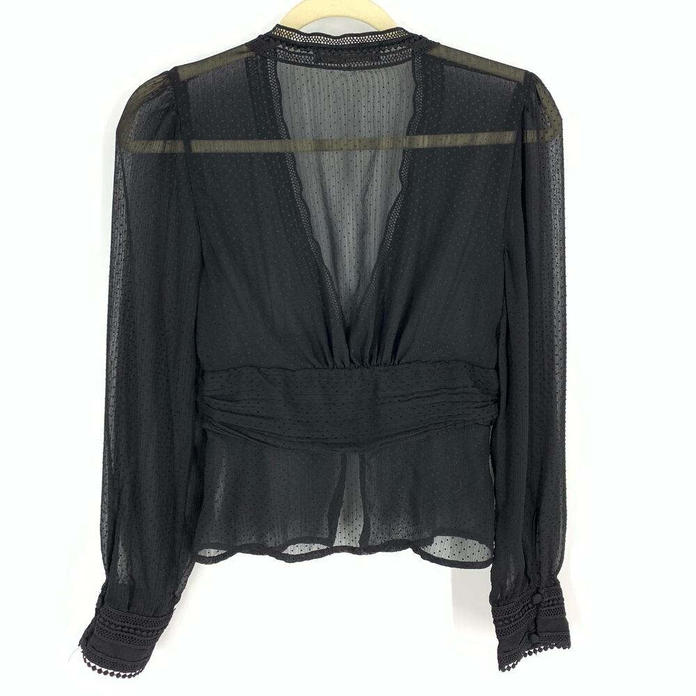 Zara Blouse Women XS Black Sheer Swiss Dot‎ Lace Trim V-Neck Long Sleeve - Picture 2 of 7